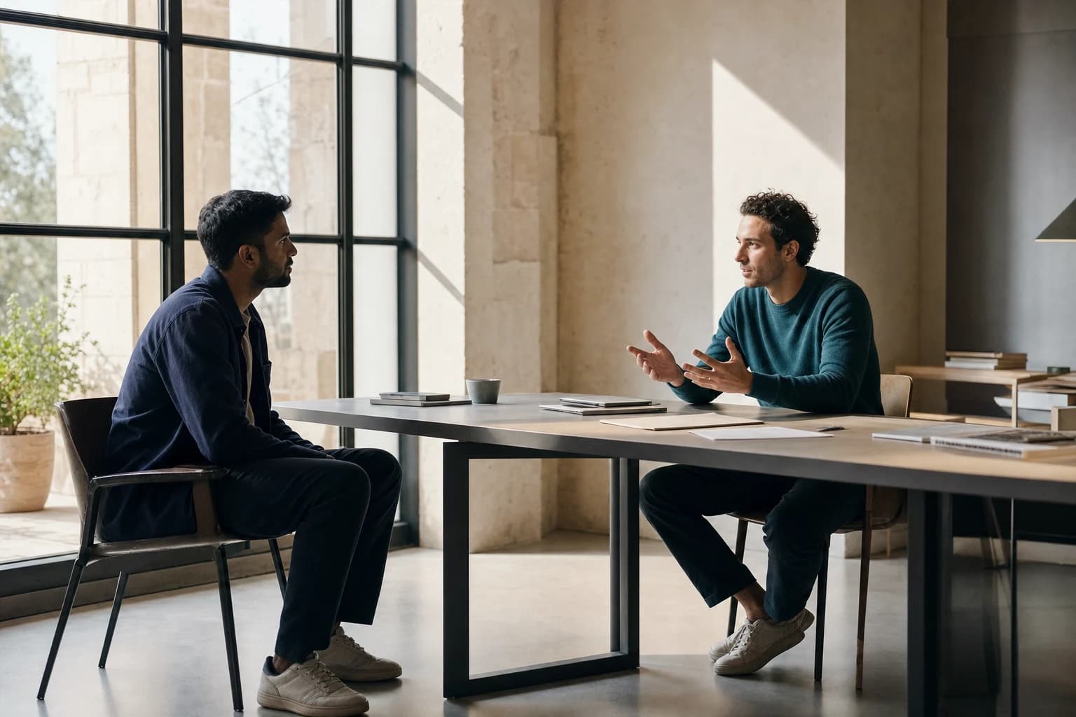 Two founders speaking across a worktable in a sunlit studio