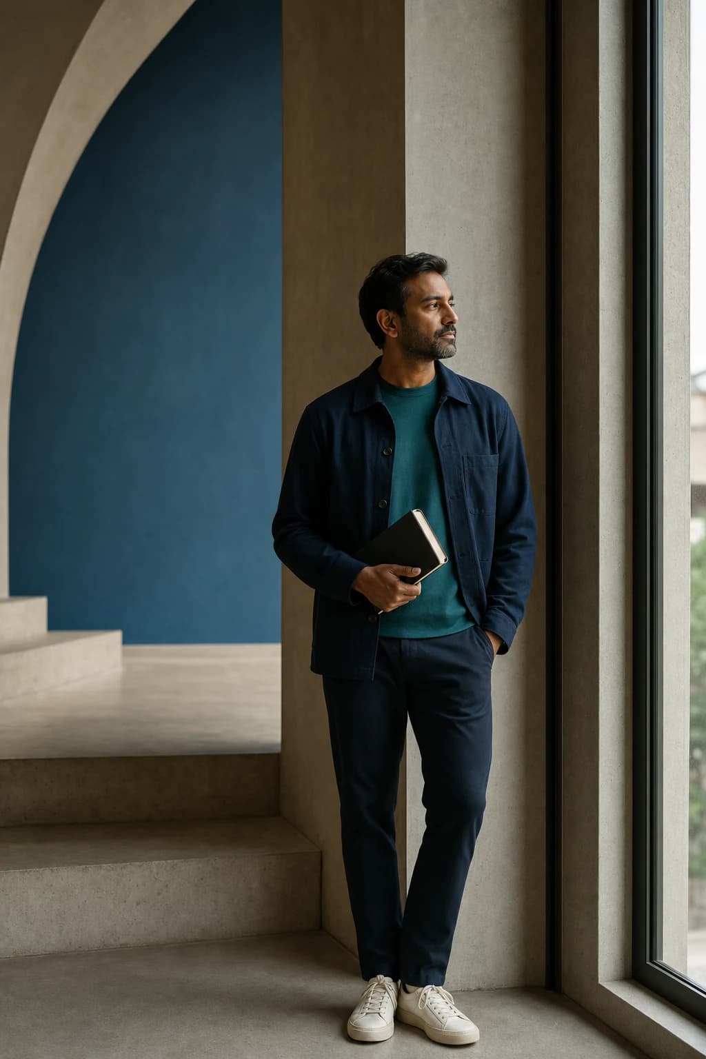 Founder standing with a notebook beside a studio window