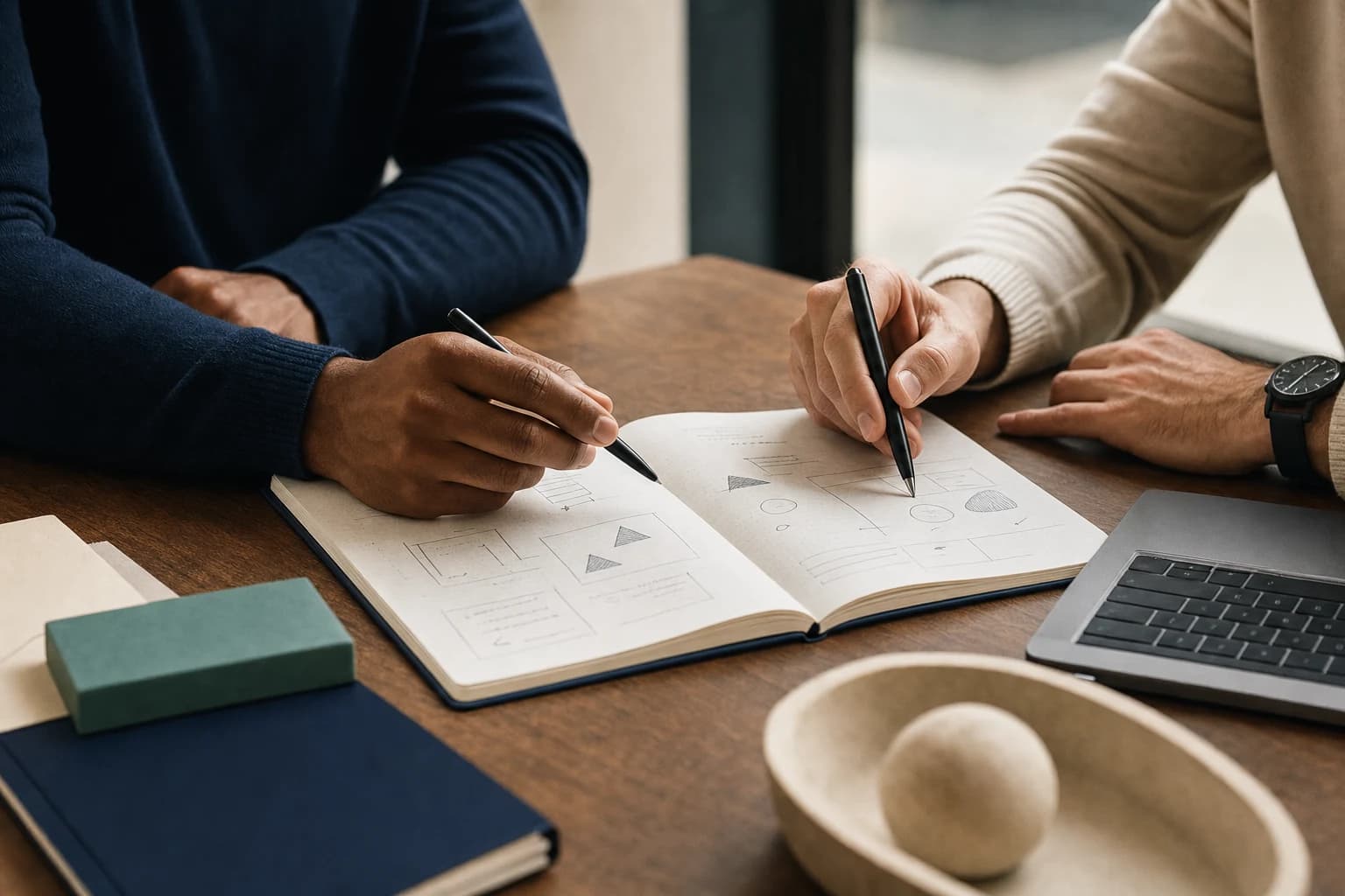 Two founders drawing ideas together in a notebook